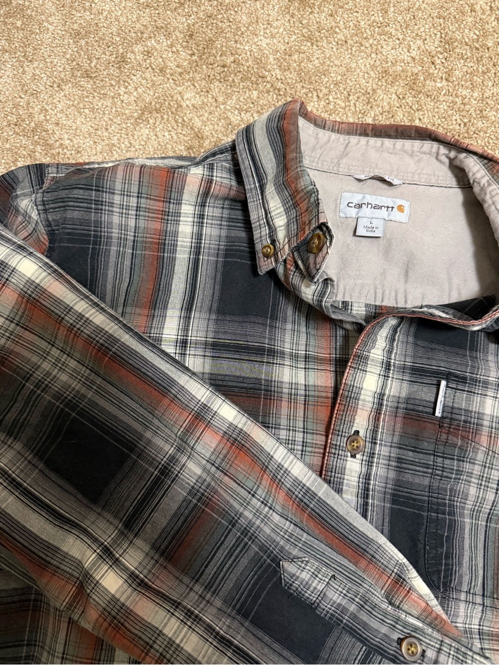 Carhartt Men’s Black, Cream &‎ Orange Plaid Button-Down Shirt. F1